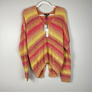 Express Womens Sweater XS Sunset Stripe Long Sleeve Knit V-Neck Oversized Red